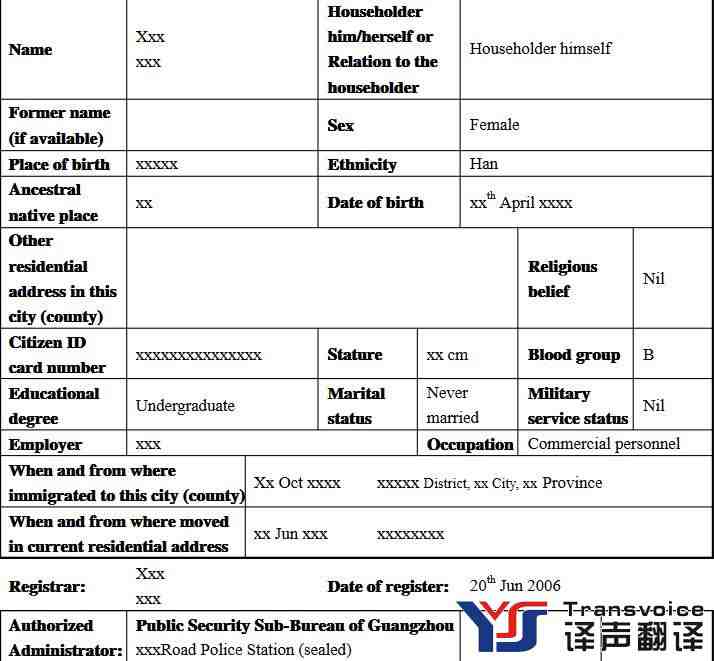 居民户口本翻译模版